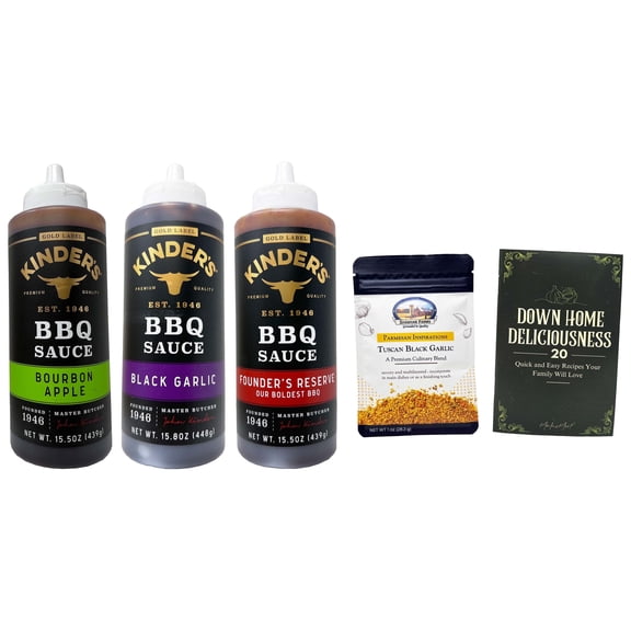BBQ Sauce 3 Flavor Variety - (1) Each: Bourbon Apple, Black Garlic, Founder's Reserve (15.5-15.8 Ounces) | Shawhan Farms Parmesan + MerlinsMart Zine | Kinder's