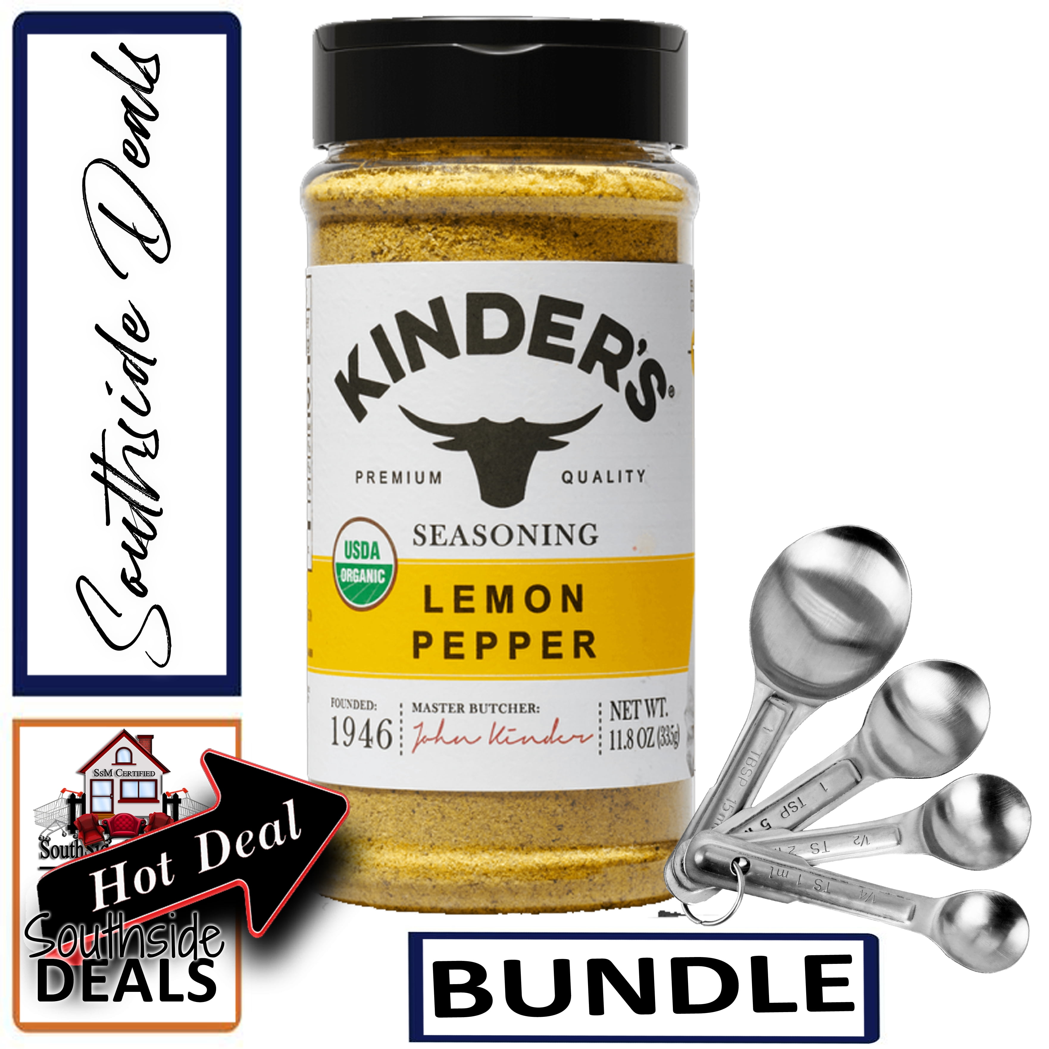 Kinder's Organic Lemon Pepper Seasoning, 11.8 OZ - with a set of Stainless Steel measuring Spoons included