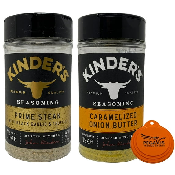 Kinder's Prime Steak Seasoning 7.9oz and Kinder's Caramelized Onion Butter Seasoning 9oz and Pegasus Premium Brands 3-Step Lid Cover
