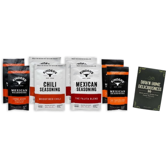 Seasoning Rub, 4 Flavors 8 Packets - (2) Each: Carne Asada, Taco, Woodfired Chili, Fajita (1 Ounce) + MerlinsMart Zine | Kinder's