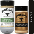 thumbnail image 1 of Kinder’s Seasoning Variety Pack – Buttery Garlic Herb (8 oz) & Dry-Aged Steak (10.1 oz)-2pk, With Olive White Bowl By OMA, 1 of 9