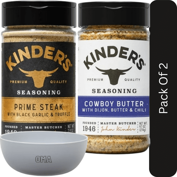 Kinders Seasoning Variety Pack Cowboy Butter (9.7 oz) & Prime Steak Black Garlic & Truffle (7.9 oz)-2pk, With Olive White Bowl By OMA