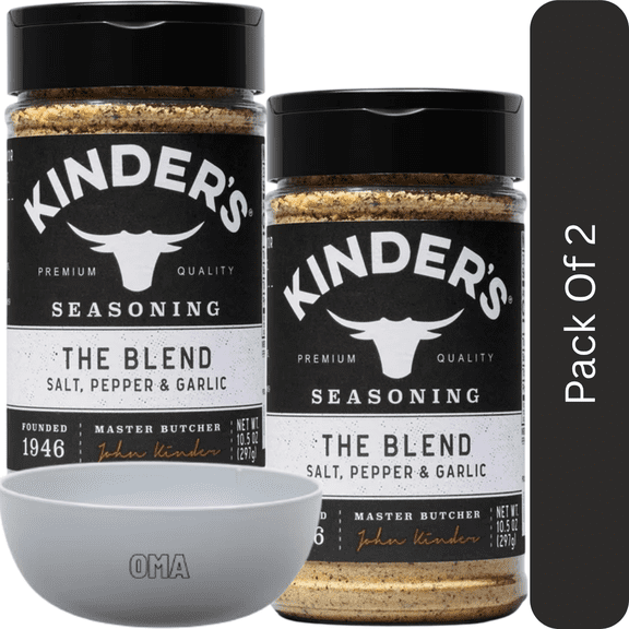 Kinders The Blend Seasoning Salt, Pepper & Garlic, 10.5 oz-2pk, With Olive White Bowl By OMA