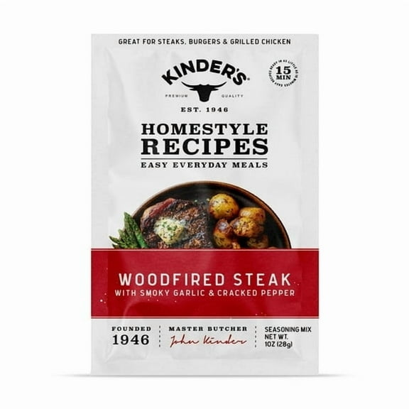 Kinder's Woodfired Steak Seasoning Blend with Smoky Garlic and Cracked Pepper, 1 oz Packet