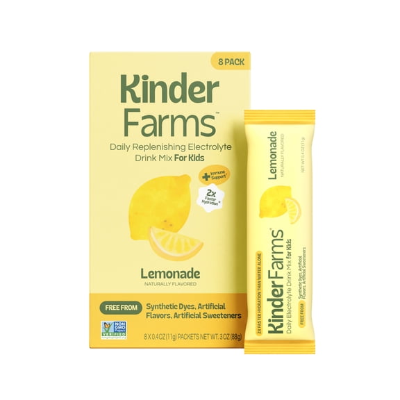 KinderFarms Daily Hydration Electrolyte Drink Mix for Kids, Lemonade, 8 count