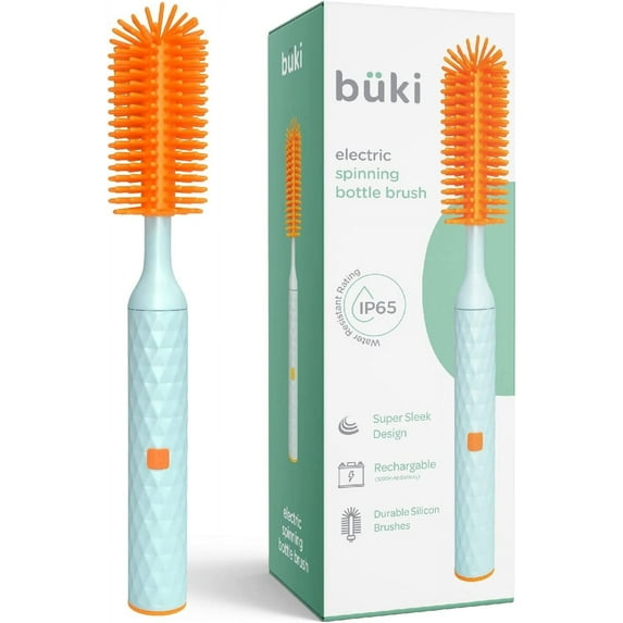 KinderSense Büki Electric Baby Bottle Cleaning Brush Set - Rechargeable Electric Bottle Brush (Green/Orange)