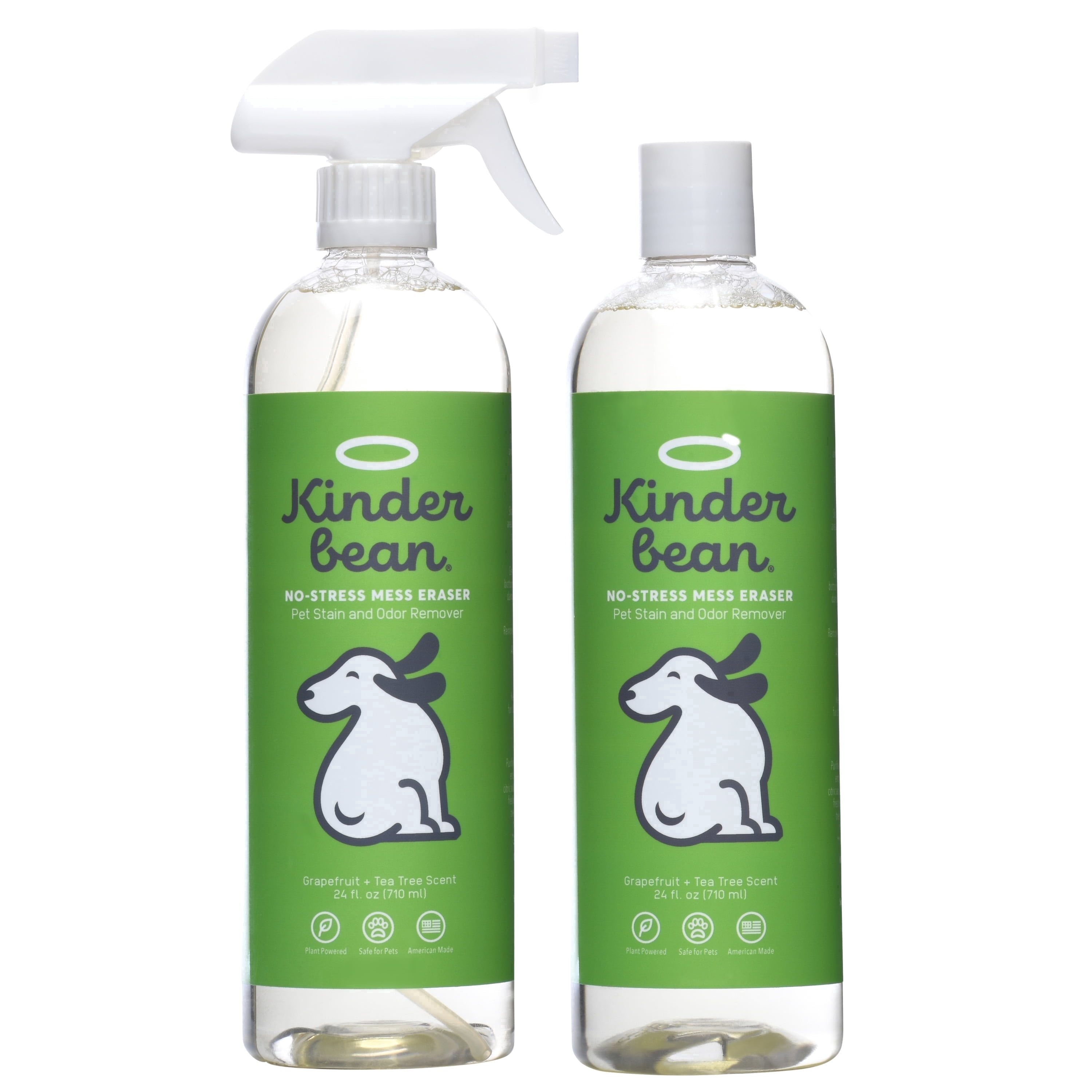 Kinderbean Dog & Cat Urine Stain and Odor Eliminator for Carpet, Upholstery, Hard Floors - 2-Pack 24 oz., Grapefruit Tea Tree Scent, Enzyme Bio-Active Formula with Squeeze and Spray Top