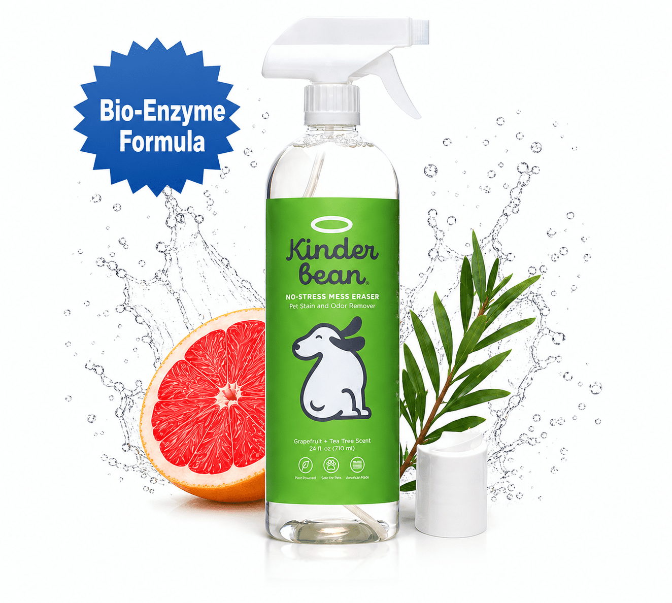 Kinderbean Dog & Cat Urine Stain and Odor Eliminator Spray, 24 oz – Enzyme Cleaner for Carpet, Upholstery, Car Seats & Hard Floors, Pet Odor Remover for Home & Car, Grapefruit Tea Tree