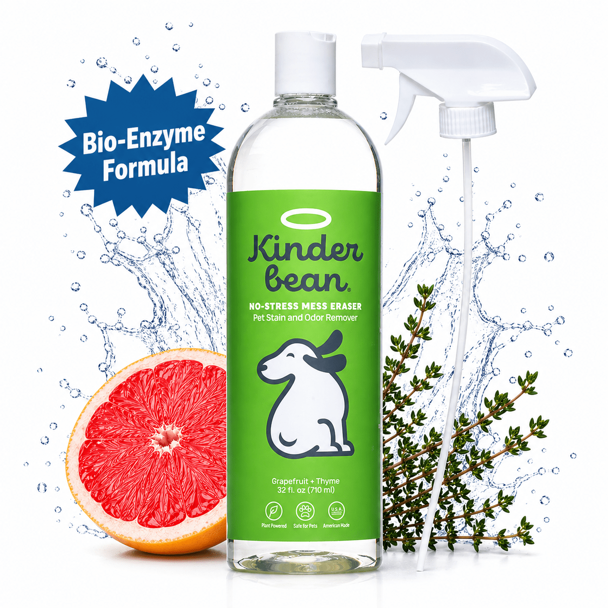 Kinderbean Dog & Cat Urine Stain and Odor Eliminator for Carpet, Upholstery, Hard Floors - Single 32 oz., Grapefruit & Thyme Scent, Enzyme Bio-Active Formula with Squeeze and Spray Top