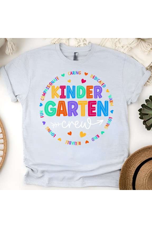 Kindergarten Crew Shirt | Cute Rainbow Teacher Team Tee for School Staff , Ash, Size M