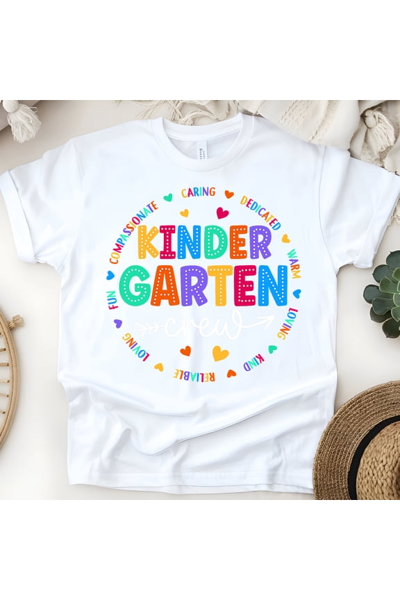 Kindergarten Crew Shirt | Cute Rainbow Teacher Team Tee for School Staff , White, Size M