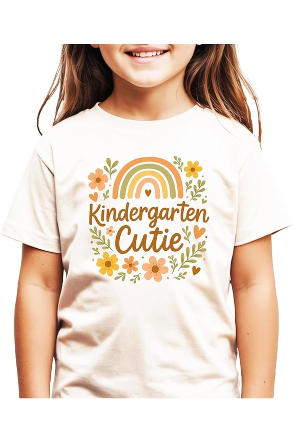 Kindergarten Cutie Shirt for Girls Boho Rainbow Floral First Day of School Graphic Tee for Kids Natural Shirt Youth Large
