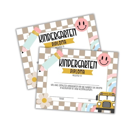 Kindergarten Diploma Graduation Certificate Award 30pk 8.5x11 Tan Checkered End of The Year Superlative Achievement First Day of