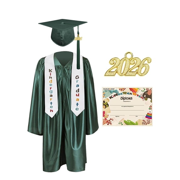 Kindergarten Graduation Gown Cap Set Printed Stole 2026 Congrats Grad Outfit With Tassel & Certificate (8 Years, Army Green)