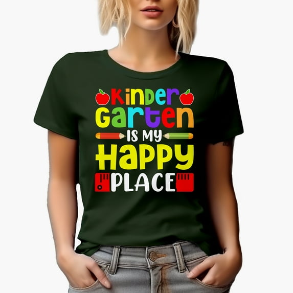 Kindergarten Is My Happy Place, Back-To-School, School Teacher, Military Green T-Shirt, Medium