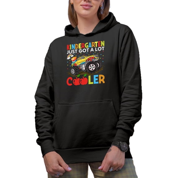 Kindergarten Just Got A Lot Cooler, Preschool School Teacher Quote, Groovy Retro Wavy Text Merch Gift, Black Hooded Sweatshirt or Hoodie, Medium