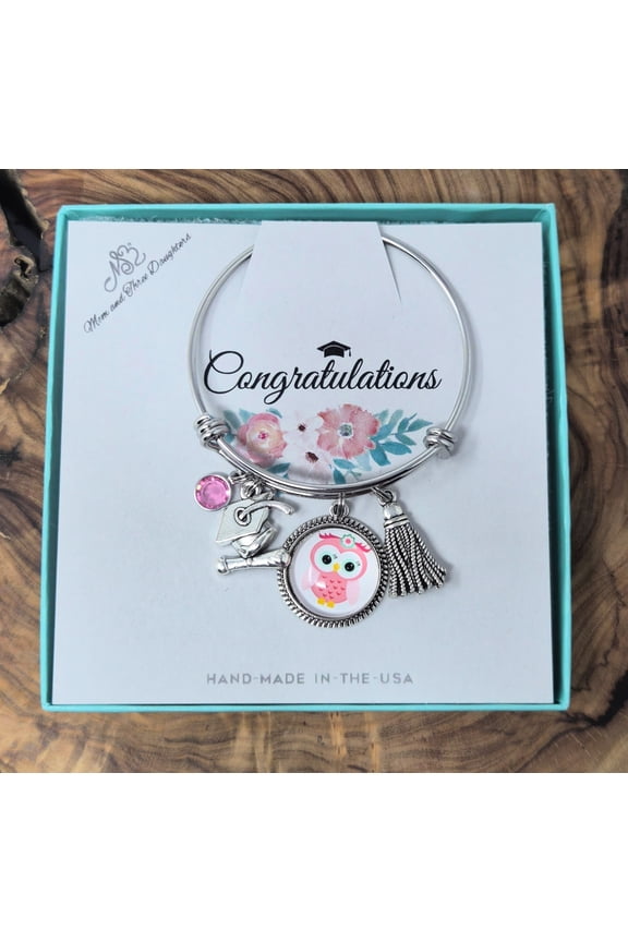 Kindergarten or Preschool Graduation Bangle Bracelet Stainless Steel | Silver-toned Mixed Metal Material | Added Crystal Charm | Perfect Kindergarten or Preschool Graduation Gift.