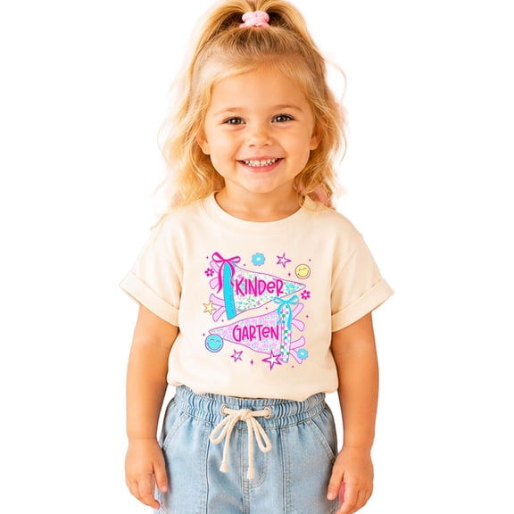 Kindergarten Shirt for Girls Trendy Floral Pennant Flag Back to School First Day Graphic Tee Natural Shirt 2T