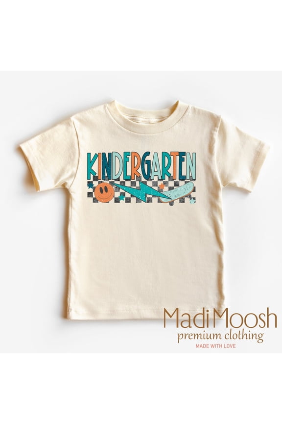 Kindergarten Skateboard Kids Shirt, First Day Of School Toddler Tee, Checkered Back To School Kids Shirt TODDLER SHORT SLEEVE TEE BELLA CANVAS 3001T