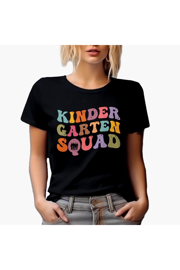 Kindergarten Squad, Group of Preschool School Teachers, Groovy Retro Wavy Text Merch Gift, Black T-Shirt, Large
