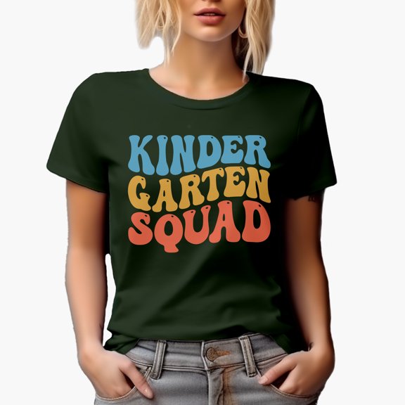Kindergarten Squad, Preschool School Teacher or Teaching Themed, Groovy Retro Wavy Text Merch Gift, Military Green T-Shirt, XL