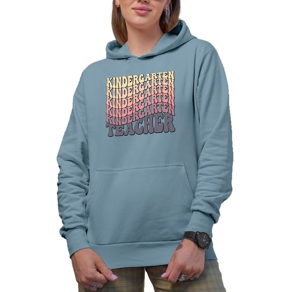 Kindergarten Teacher, Groovy Retro Wavy Text Merch Gift, Light Blue Hooded Sweatshirt or Hoodie, 3XL