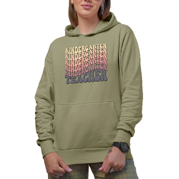 Kindergarten Teacher, Groovy Retro Wavy Text Merch Gift, Sand Hooded Sweatshirt or Hoodie, Medium