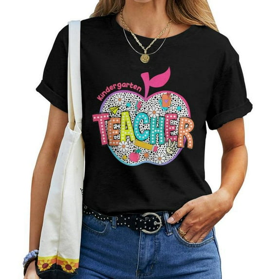 Kindergarten Teacher Retro Groovy Style Back to School Women’s T-Shirt – Vintage 70s Inspired Teacher Tee, Cute Classroom Apparel, Comfortable Cotton Casual Wear, Perfect Gift for Educators