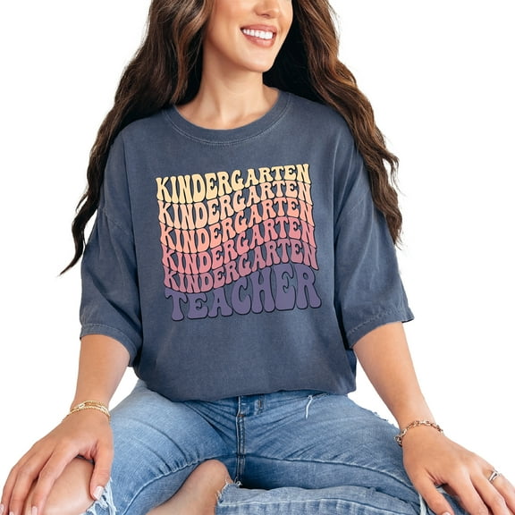 Kindergarten Teacher, School or Teaching Profession Themed, Groovy Retro Wavy Text, Denim Comfort Colors T-Shirt, Medium