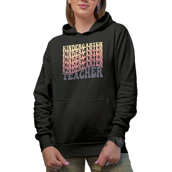 Kindergarten Teacher, School or Teaching Profession Themed, Groovy Retro Wavy Text Merch Gift, Black Hooded Sweatshirt or Hoodie, Small