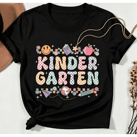 Kindergarten Teacher Shirt: Retro Checkered Back to School Tee Crew Neck Short Sleeve Tshirts Women