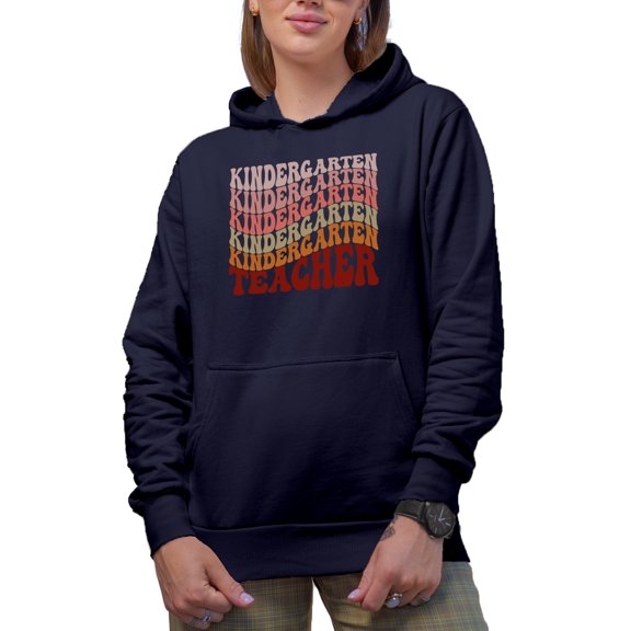 Kindergarten Teacher, Teaching Profession Themed, Groovy Retro Wavy Text Merch Gift, Navy Blue Hooded Sweatshirt or Hoodie, Small