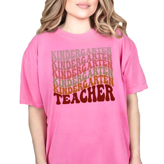 Kindergarten Teacher or Preschool Teacher, Groovy Retro Wavy Text , Crunchberry Comfort Colors T-Shirt, Medium