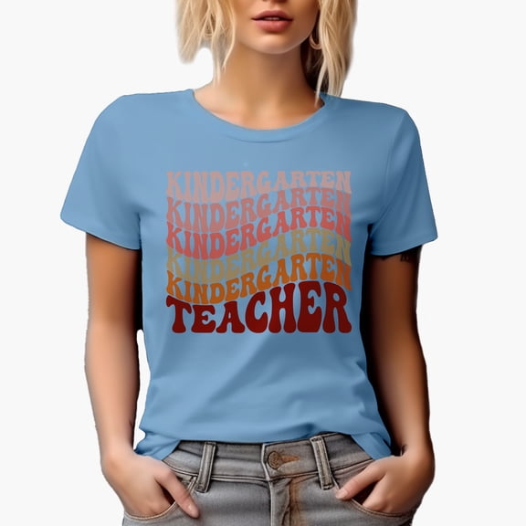 Kindergarten Teacher or Preschool Teacher, Groovy Retro Wavy Text Merch Gift, Baby Blue T-Shirt, 2XL
