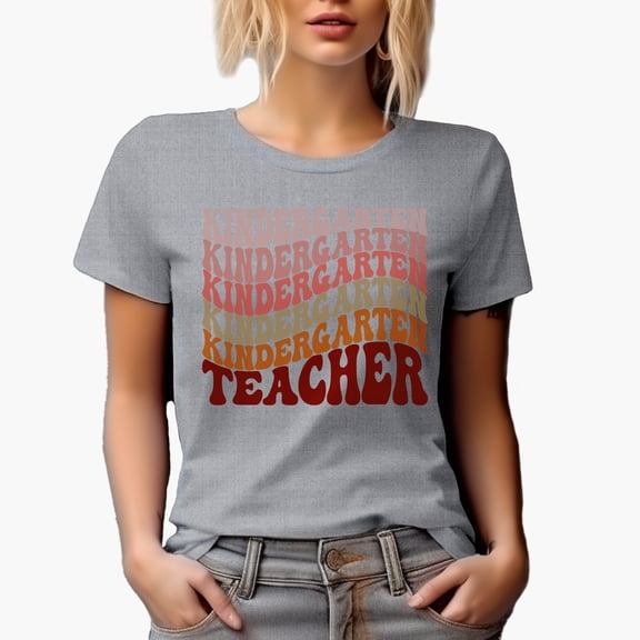Kindergarten Teacher or Preschool Teacher, Groovy Retro Wavy Text Merch Gift, Heather Grey T-Shirt, Large