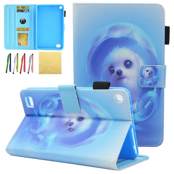 Kindle Fire 7 2017 (7th Generation)/ Fire 7 2015 (5th Generation) Kids Case, Allytech PU Leather Stand Wallet Cases and Covers for All New Amazon Fire 7 Tablet with Stylus Holder, Blue Cat