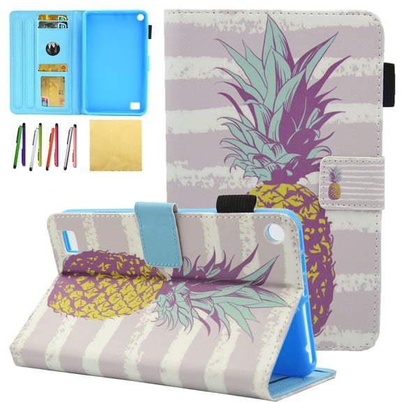 Kindle Fire 7 2017 (7th Generation)/ Fire 7 2015 (5th Generation) Kids Case, Allytech PU Leather Stand Wallet Cases and Covers for All New Amazon Fire 7 Tablet with Stylus Holder, Golden Pineapple