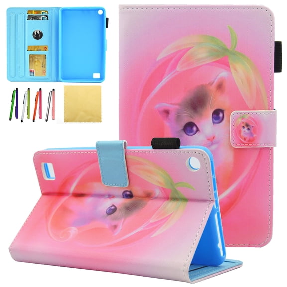 Kindle Fire 7 2017 (7th Generation)/ Fire 7 2015 (5th Generation) Kids Case, Allytech PU Leather Stand Wallet Cases and Covers for All New Amazon Fire 7 Tablet with Stylus Holder, Pink Cat