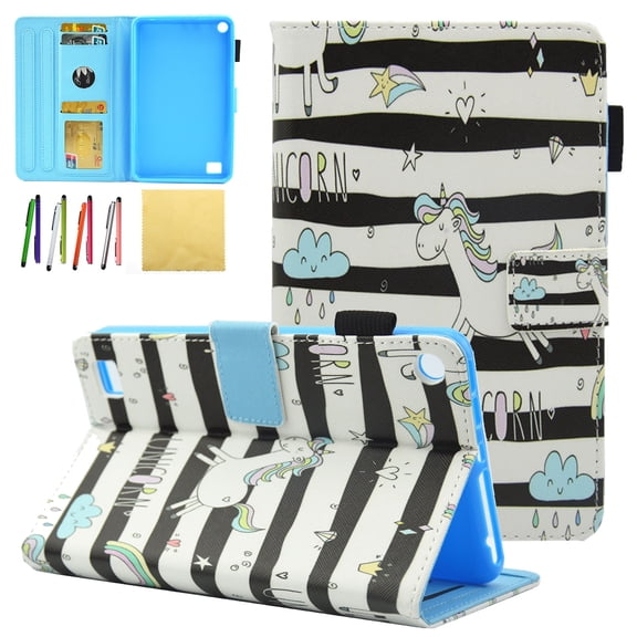 Kindle Fire 7 2017 (7th Generation)/ Fire 7 2015 (5th Generation) Kids Case, Allytech PU Leather Stand Wallet Cases and Covers for All New Amazon Fire 7 Tablet with Stylus Holder, Small Pony