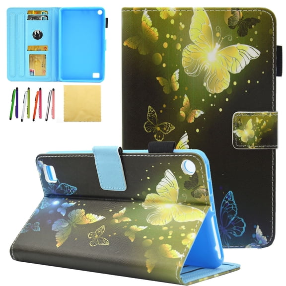 Kindle Fire 7 2017 (7th Generation)/ Fire 7 2015 (5th Generation) Kids Case, Allytech PU Leather Stand Wallet Cases and Covers for All New Amazon Fire 7 Tablet with Stylus Holder, Golden Butterfly
