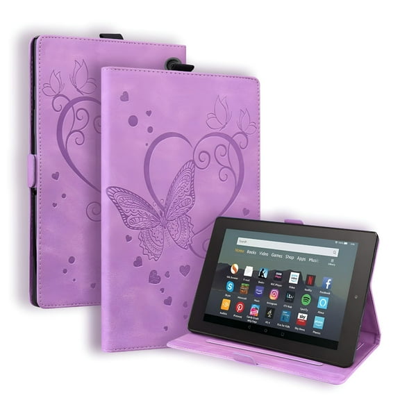 Kindle Fire 7 Case (2022 Release 12th Gen), Shockproof PU Leather Wallet Cover with Card Slots & Kickstand, Embossed Protective Tablet Shell for Reading & Video, Purple