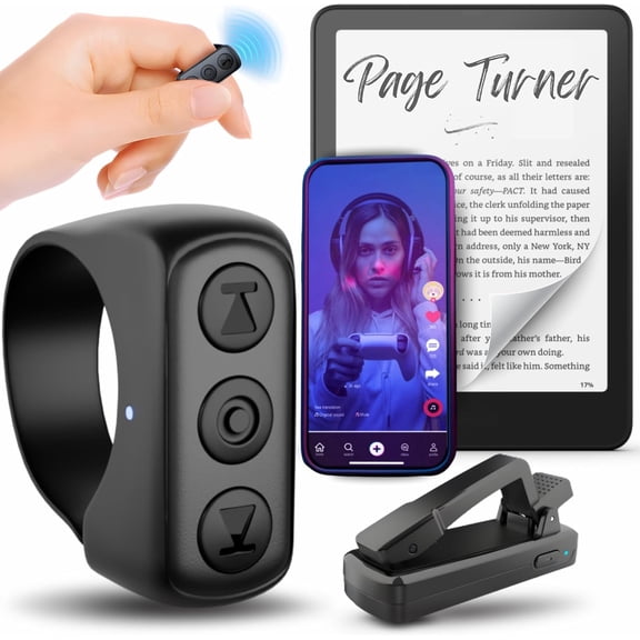 Kindle Pa Turner Remote for Kindle Paperwhite - TikTok Scrolling Ring for iPhone & Android Devices w/Phone Stand & Charging Case - Kindle Clicker/Remote Control Pa Turner for eReaders (Black)
