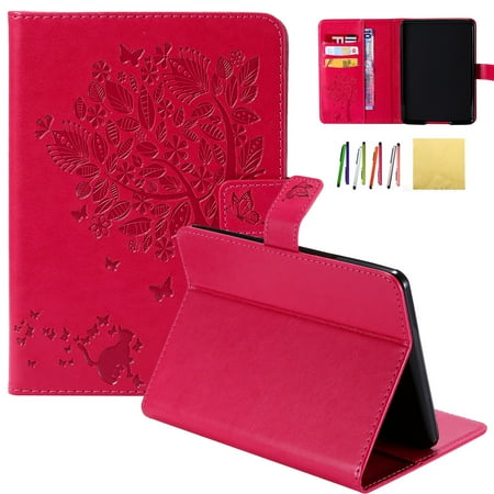 Kindle Paperwhite Case, Allytech Embossed Cat & Tree PU Leather Stand Folio Cover with Credit Card Slots for Amazon Kindle Paperwhite ( Fit All Paperwhite Generations Prior to 2018),, Red