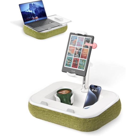 Kindle Pillow Stand Holder, Phone Holder for Bed, Laptop Lap Desk with Pad,Compatible with 4.7-13" Kindle/Tablet/Phone,10-15" Laptop, Snack Bowl&Cup Attachment&Detachable 360? Stand Arm