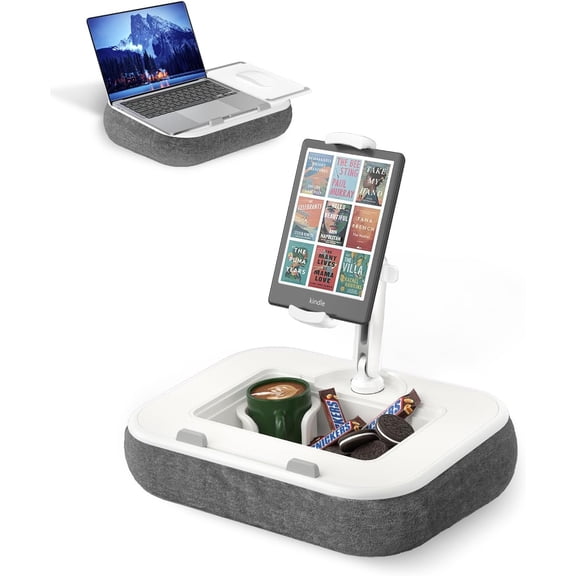 Kindle Pillow Stand Holder, Phone Holder for Bed, Laptop Lap Desk with Pad,Compatible with 4.7-13" Kindle/Tablet/Phone,10-15" Laptop, Snack Bowl&Cup Attachment&Detachable 360?Stand Arm