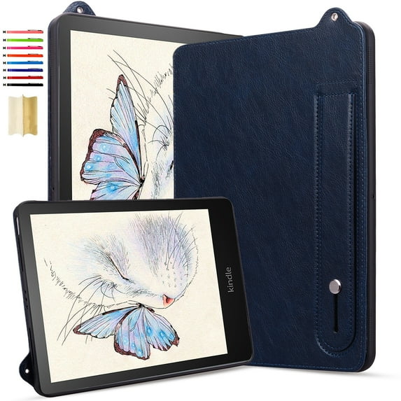 for Kindle Scribe 10.2 inch 2024 & 2022 Released - Shockproof Durable Premium PU Leather Cover with Kickstand, Business Style, Hand Strap Feature,Blue
