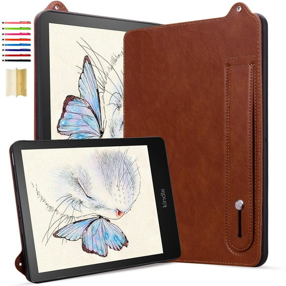 for Kindle Scribe 10.2 inch 2024 & 2022 Released - Shockproof Durable Premium PU Leather Cover with Kickstand, Business Style, Hand Strap Feature,Brown