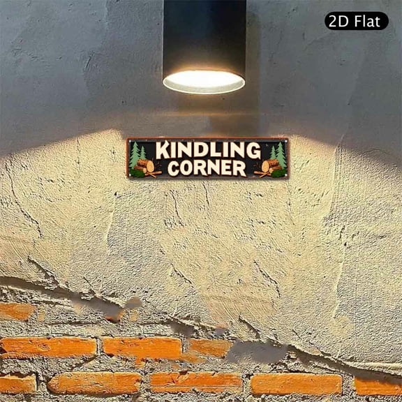 Kindling Corner Aluminum Metal Sign 4x16 Inch, Rustic Woodland Cabin Decor with Pine Trees and Log Stacks, Durable Wall Art for Firewood Storage 1pc