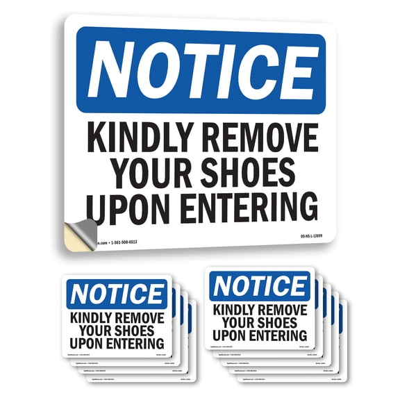 Kindly Remove Your Shoes Upon Entering OSHA Notice Vinyl Decal Label 14 Inch x 10 Inch - 10 Pack
