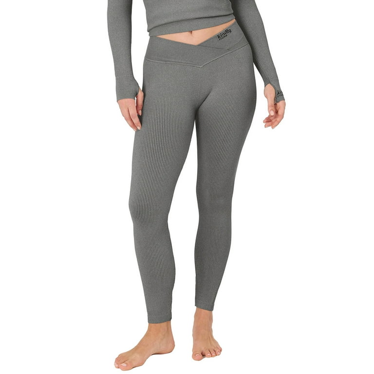Kindly Yours Women's Sustainable Seamless Ribbed Crossover Waist Thermal  Leggings, Up to size XXXL